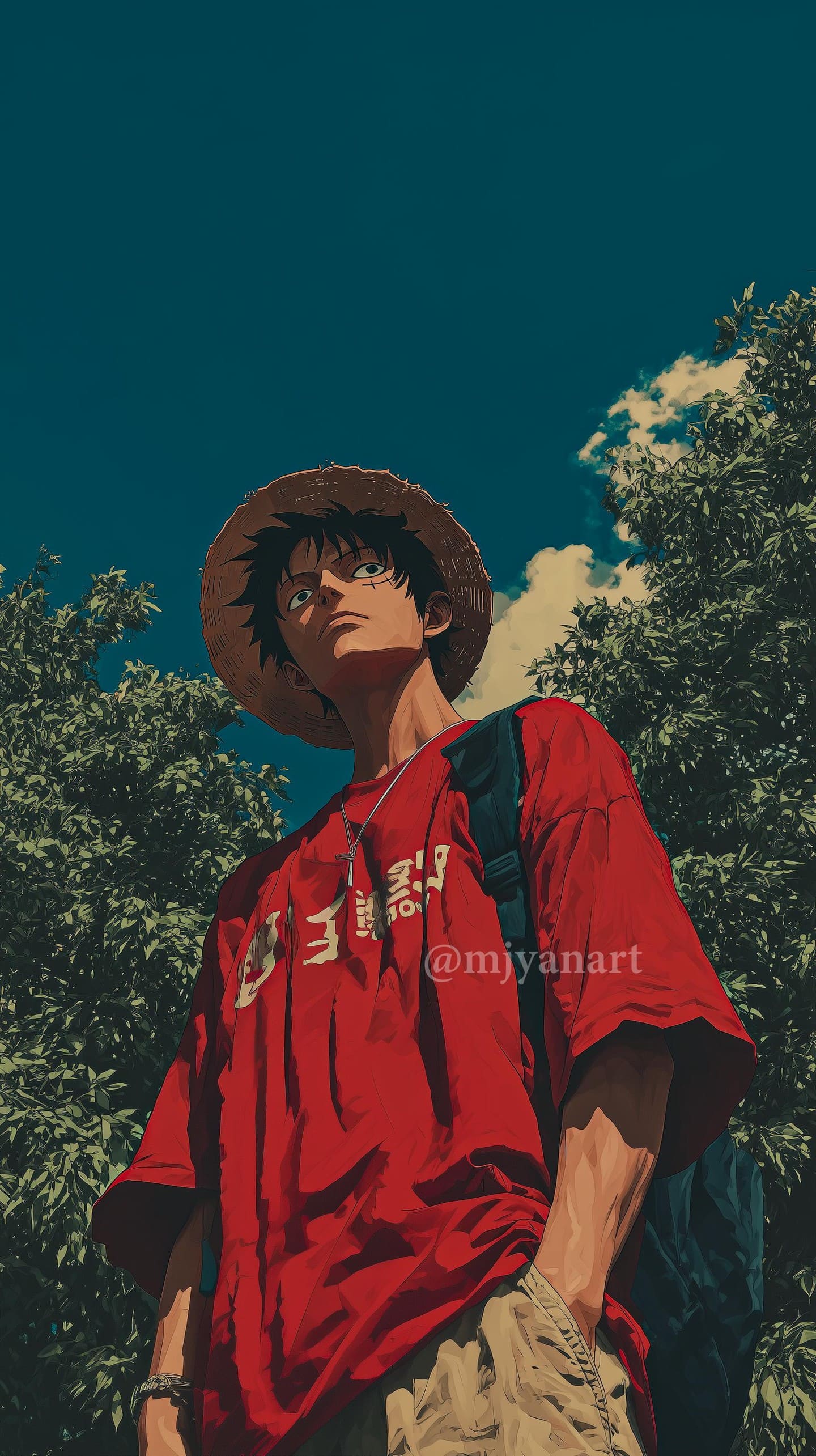 Anime artwork of a character in a red shirt and straw hat standing under a blue sky