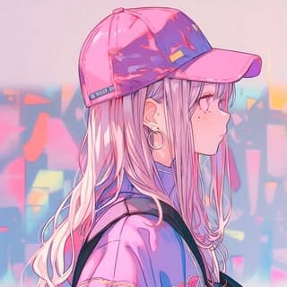 Anime artwork of a girl in a cap and backpack with pastel background